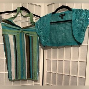 BEBE Teal Striped Halter Top with Teal/Turquoise Sequin Crochet Bolero